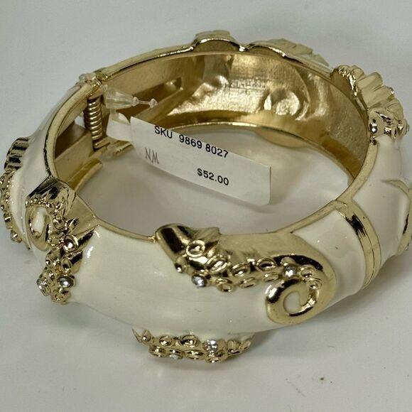 Sequin White and Gold Enamel Hinged Bangle Bracelet - Picture 7 of 16